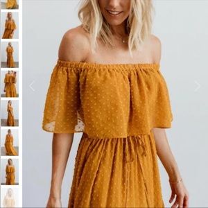 Baltic Born Swiss dot yellow tiered off the shoulder dress